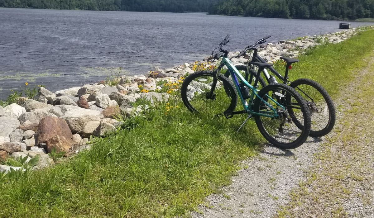 Bikes parked on a lake shore