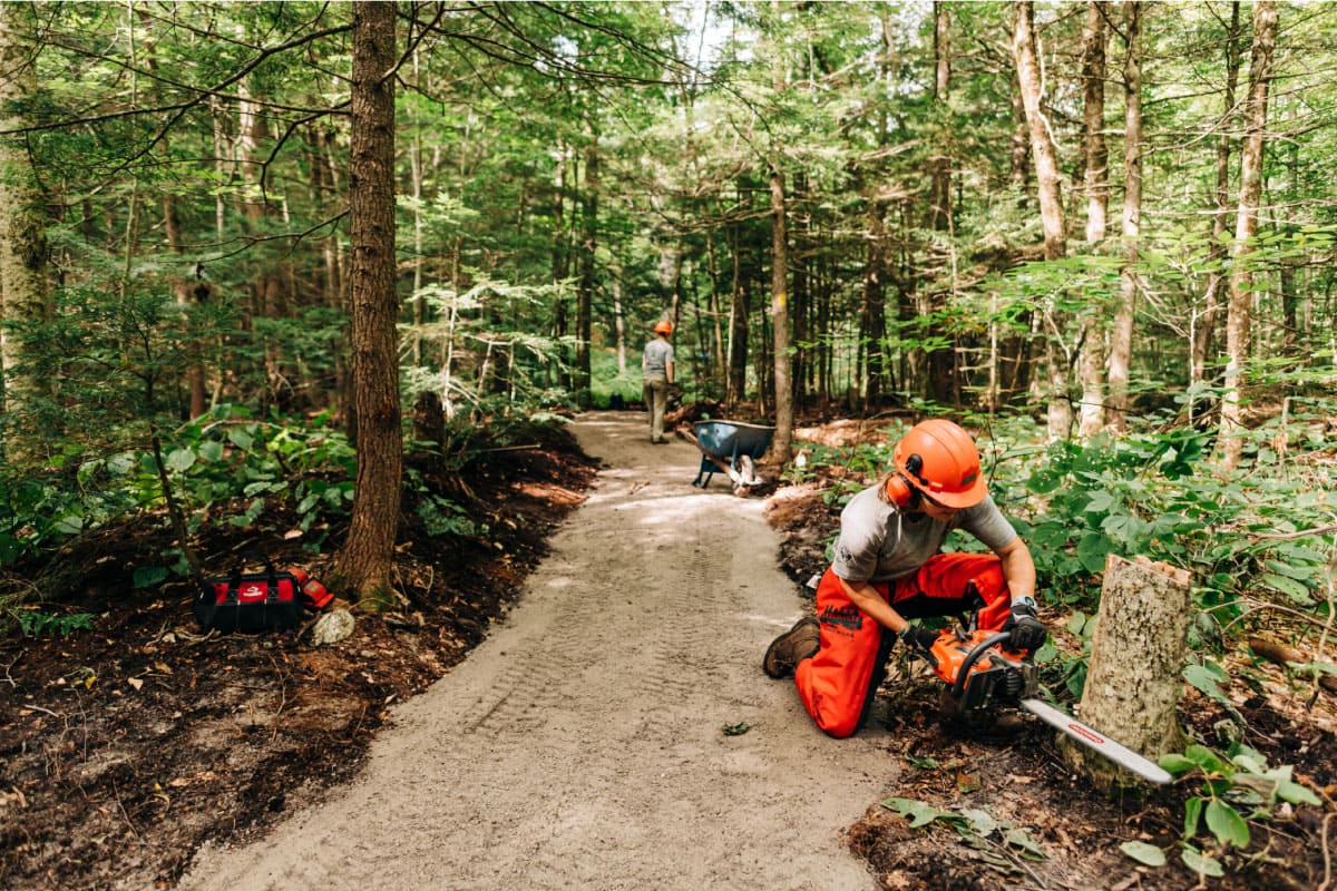 Trail crew working on a new gravel path