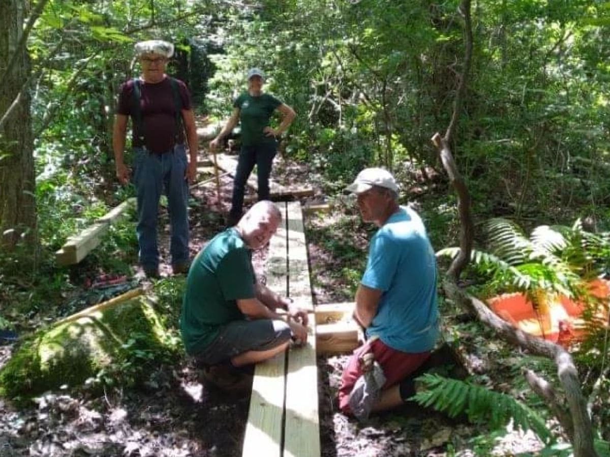A trail crew builds a boardwalk over a wet area on the NET