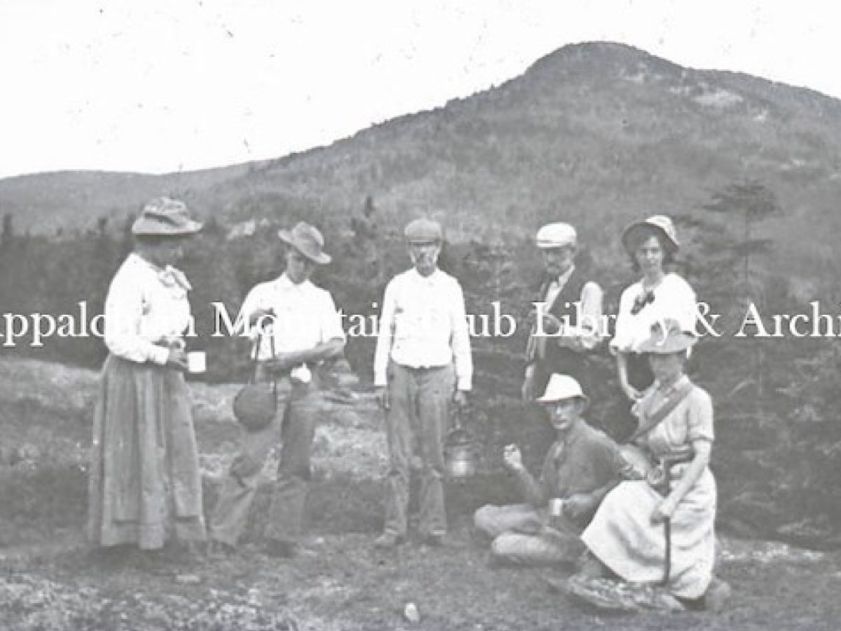 Three women and four men hiking